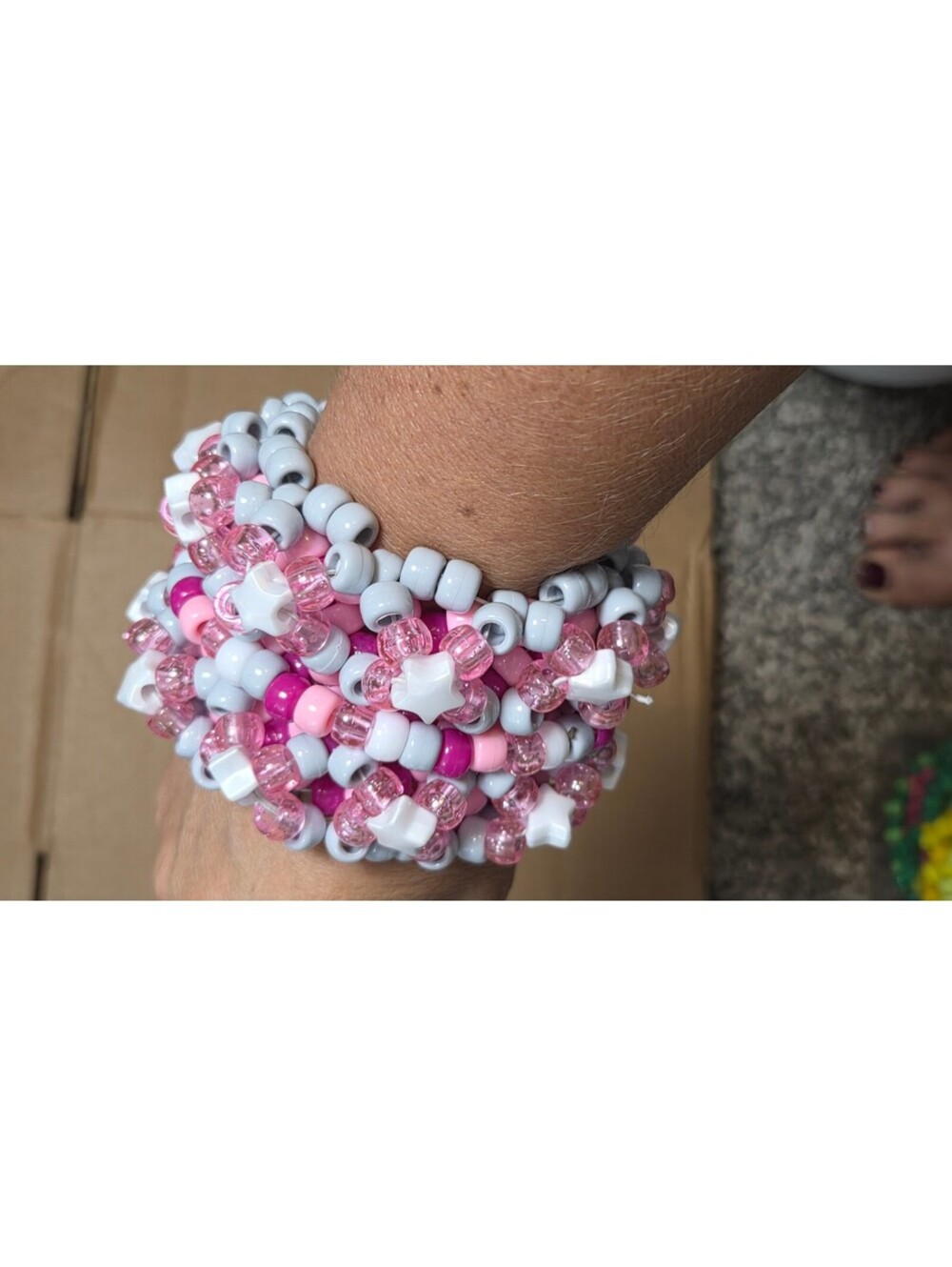 Handmade Beaded Kandi Bracelet Cuff Pink White Clear with fidget strand